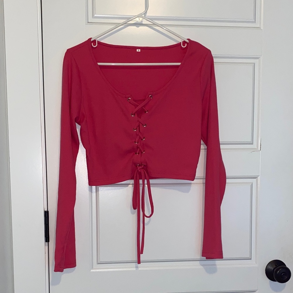 Women's Pink Lace-Up Crop Top